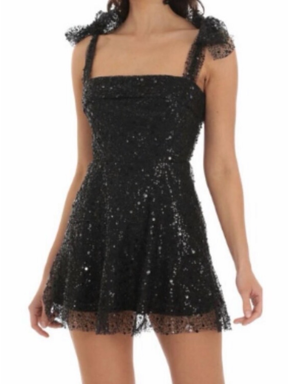 Lucy in the Sky Black Sequin Mini Dress with Bow Shoulder Straps